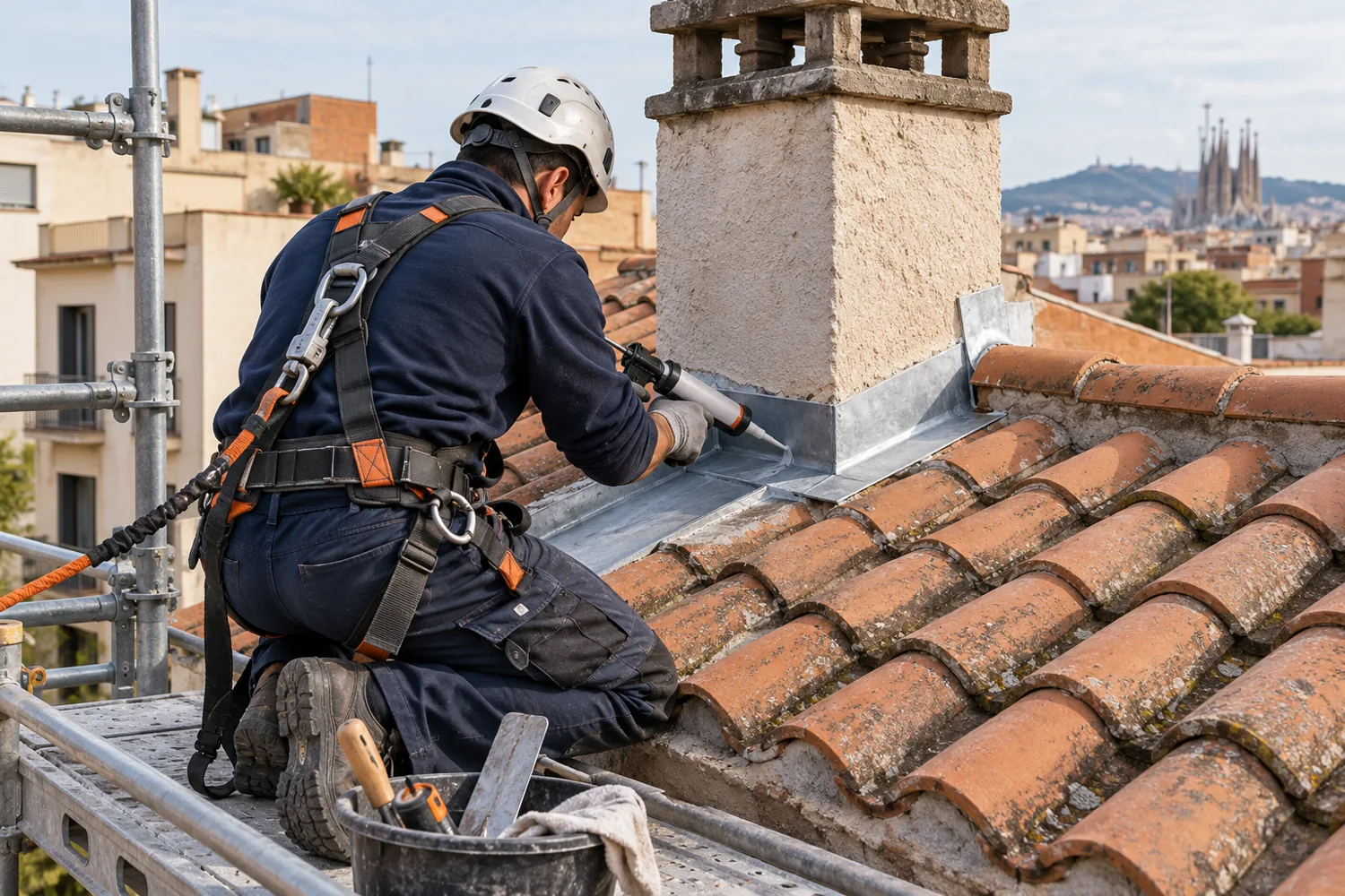 Operario trabajando en un tejado