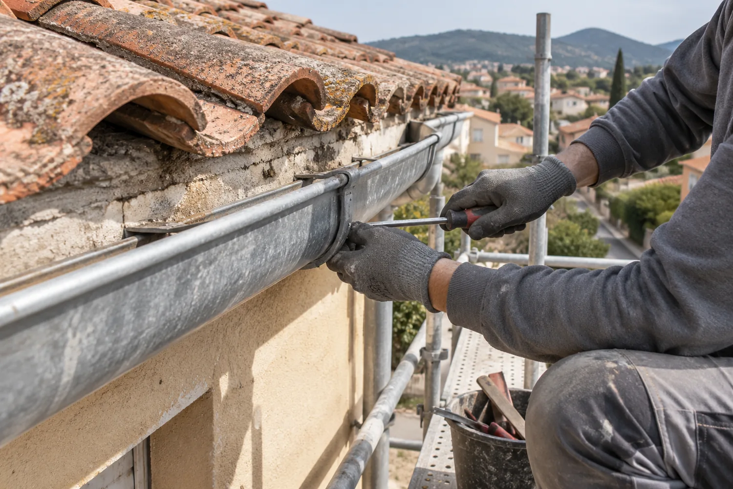 Reparación de canalón y alero, recreación visual